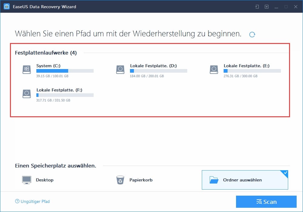 gelöschte Dateien von Windows 10 wiederherstellen mit EaseUS Data Recovery Wizard Schritt 1