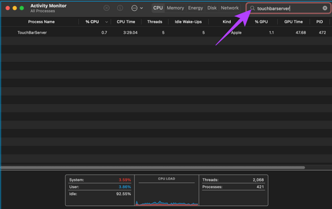 TouchBarServer eintippen, um ihn zu finden