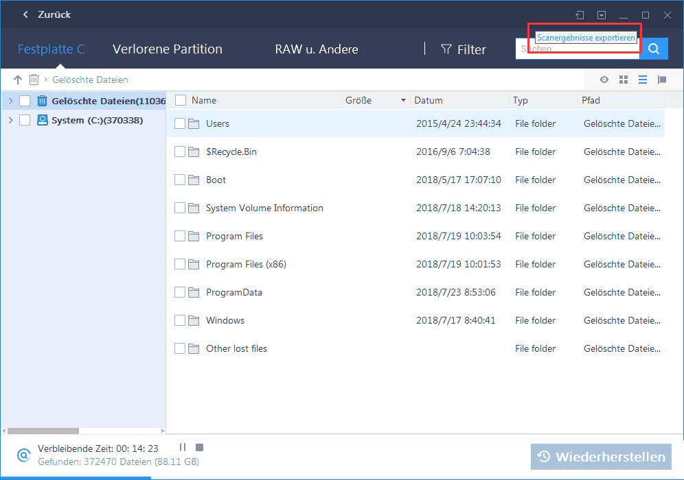 auf Export Scan Status klicken und die Scanergebnisse exportieren