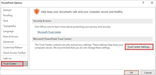 Trust Center Setup wählen