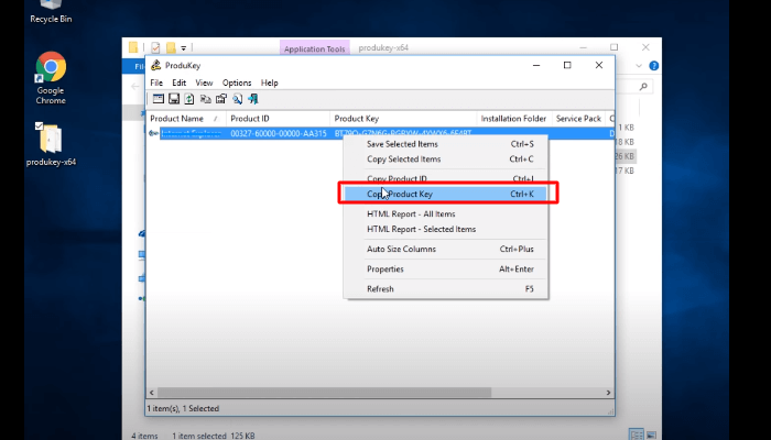 Klicken Sie mit der rechten Maustaste und wählen Sie Produktschlüssel kopieren