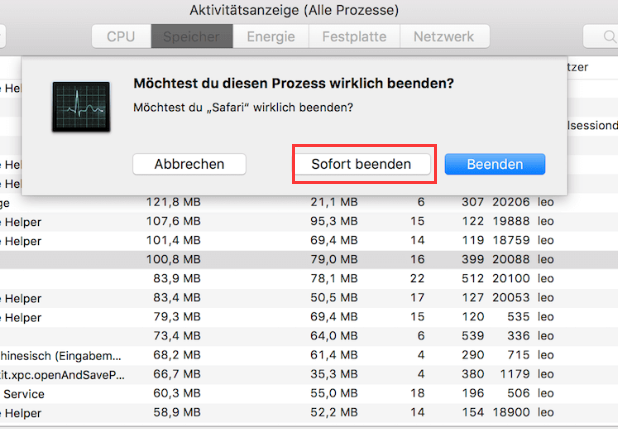 Beenden des Aktivitätsmonitors erzwingen