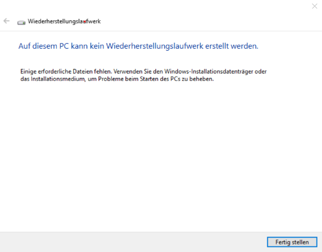 Auf diesem PC kann kein Wiederherstellungslaufwerk erstellt werden