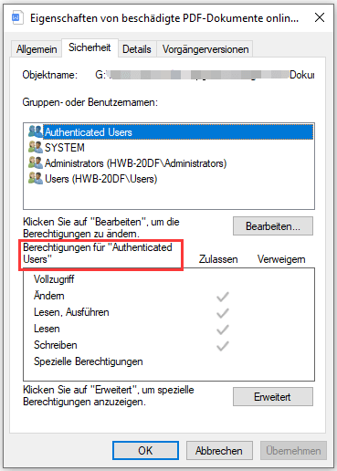 Berechtigungen für das Word-Dokument ändern