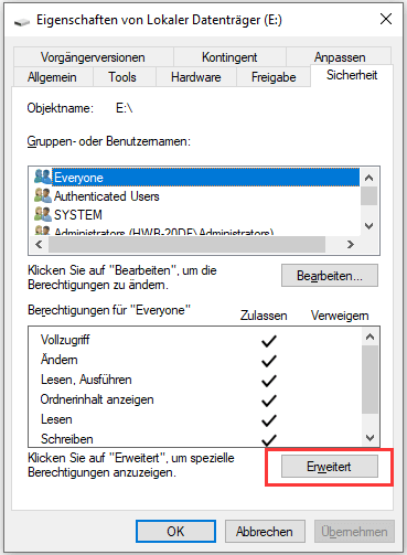 Die Berechtigungs-Einstellungen ändern - Schritt 1