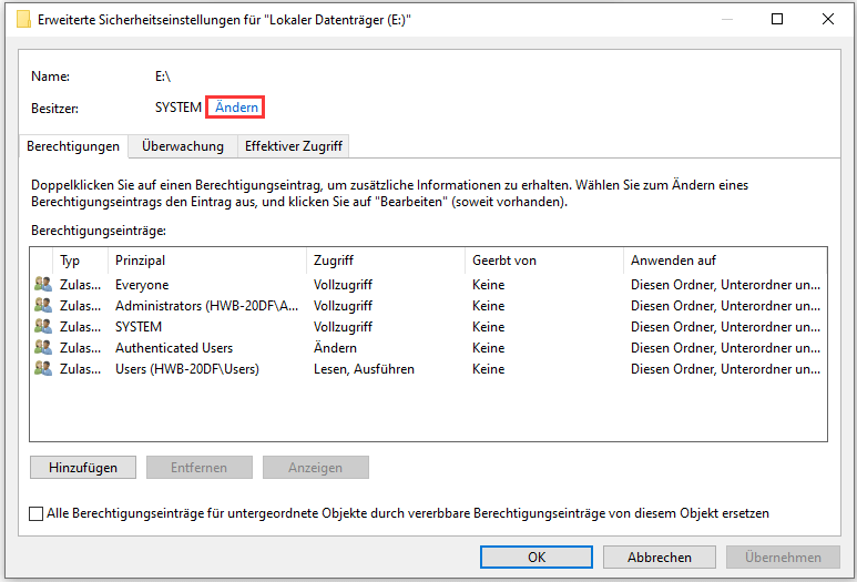 Die Berechtigungs-Einstellungen ändern - Schritt 2