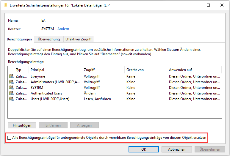 Die Berechtigungs-Einstellungen ändern - Schritt 5