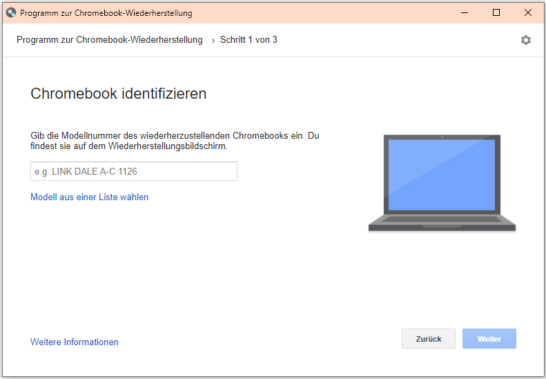 Modellnummer des wiederherzustellenden Chromebooks eingeben