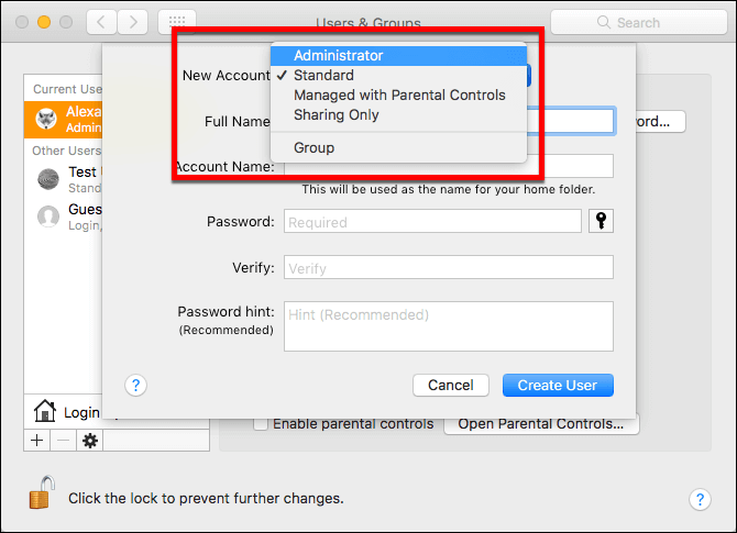 Einen Typ für Benutzerkonto auswählen