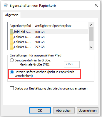 Dateien löschen Papierkorb umgehen