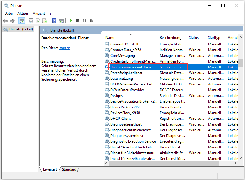 Dateiversionsverlauf neu starten