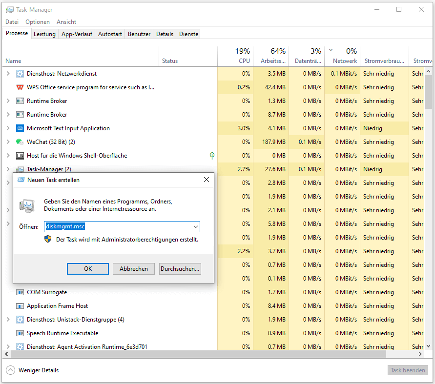 Datenträgerverwaltung über den Task-Manager aktivieren