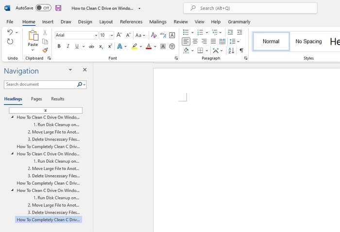 Eine Wortseite am Ende löschen
