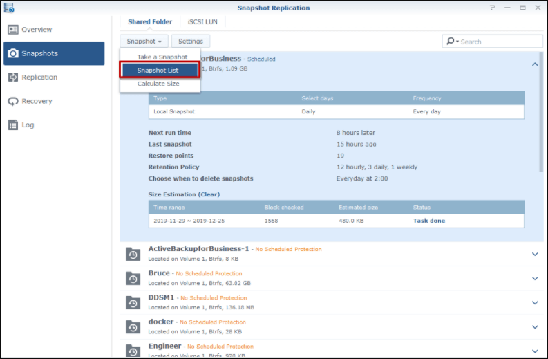 Synology Snapshots löschen