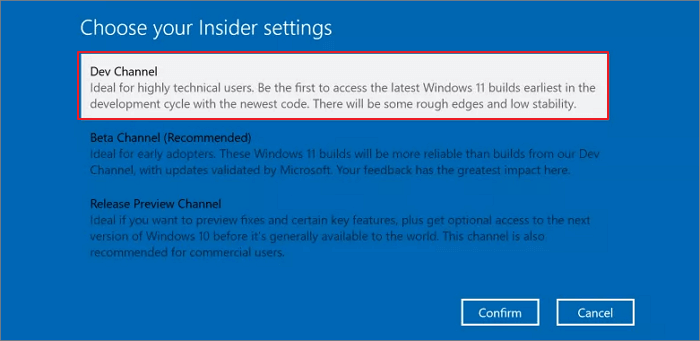 Dev Channel auswählen