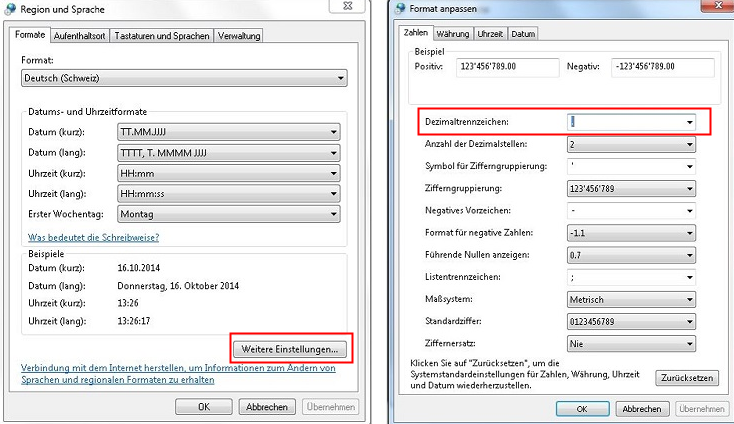 Einstellungen für Dezimalsymbole ändern