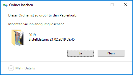 zu große Dateien in den Papierkorb