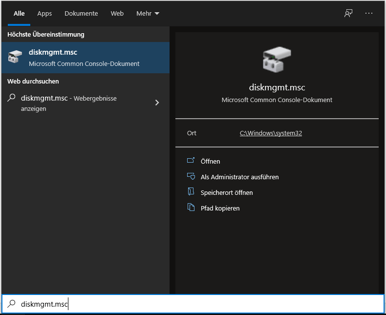 diskmgmt.msc Startmenü