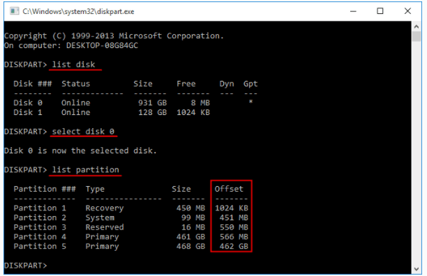 Offset-Valume in Diskpart anzeigen