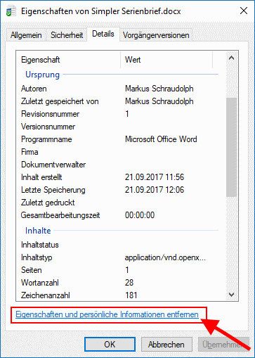 Eigenschaften und persönliche Informationen entfernen