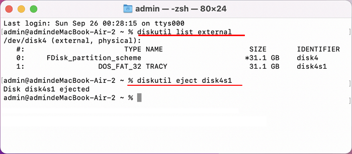 Auswerfen der externen Festplatte aus dem Terminal