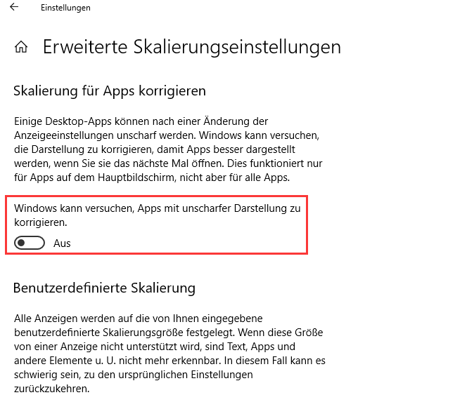 Anzeigeskalierung für Anwendungen beheben-