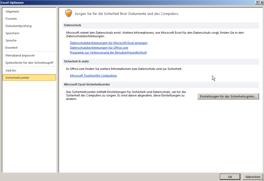 Sicherheitscenter-Einstellungen eingeben
