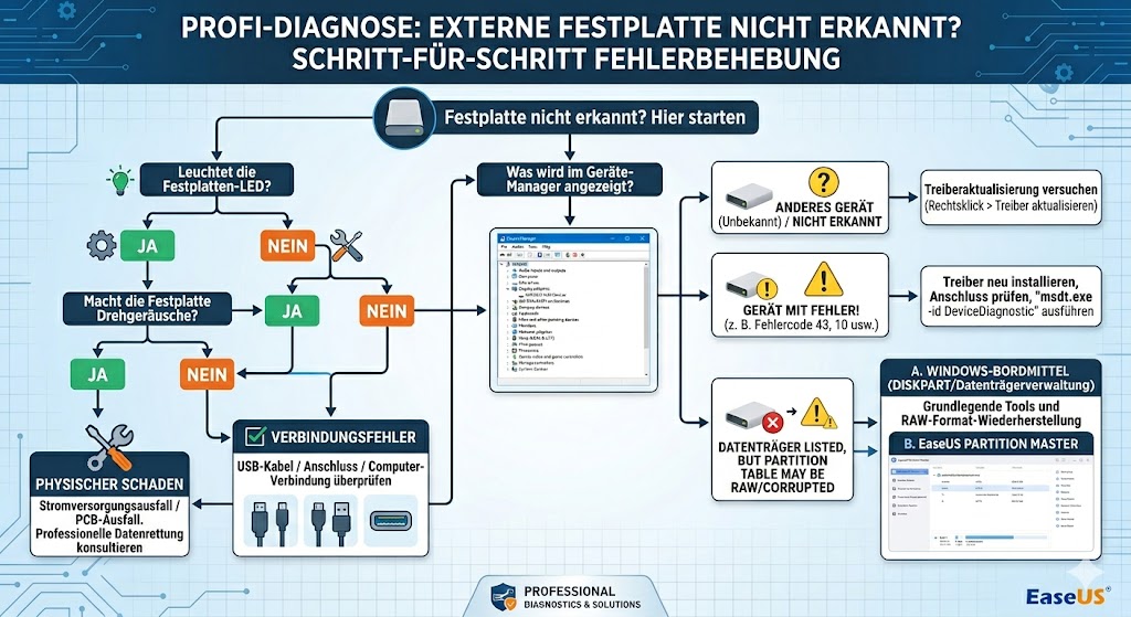 Überprüfungsschritte der nicht erkannten Festplatte