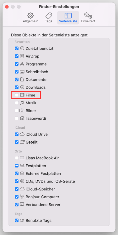 Filme im Finder anzeigen