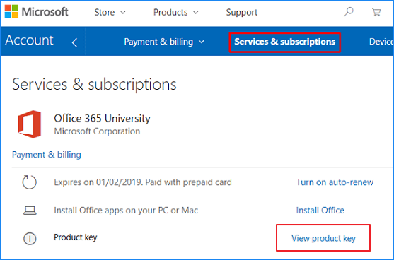 Produktschlüssel für Office 365 auf der Microsoft-Service-Seite finden