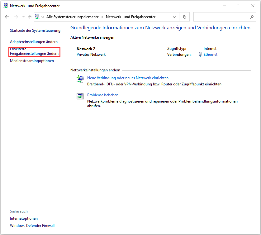 Erweiterte Freigabeeinstellungen ändern