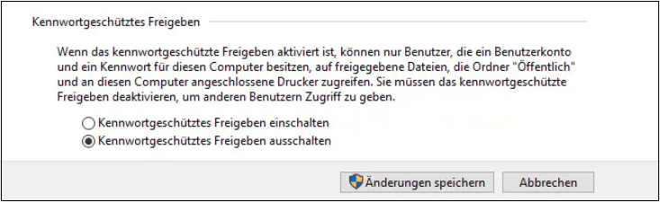 Kennwortgeschütztes Freigeben ausschalten