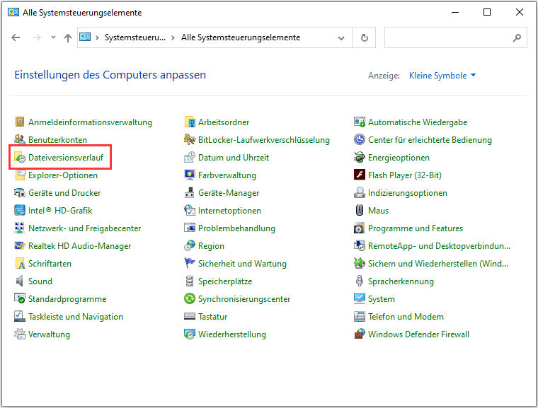 Systemsteuerung öffnen und Dateiversionsverlauf wählen