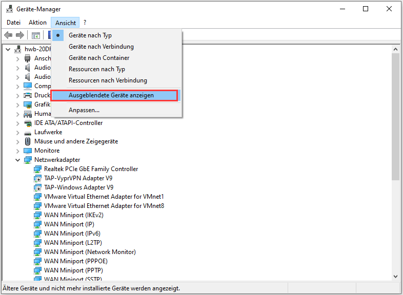versteckte Geräte anzeigen