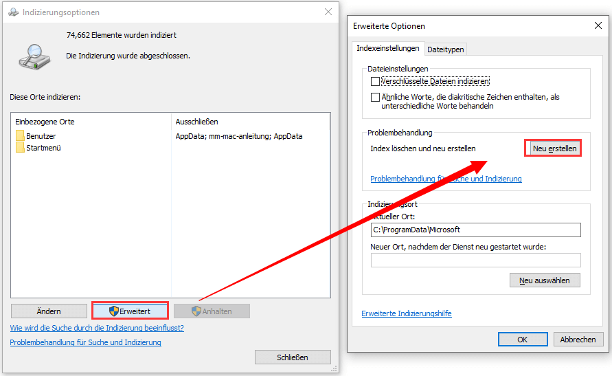 Indizierungsoptionen neu erstellen