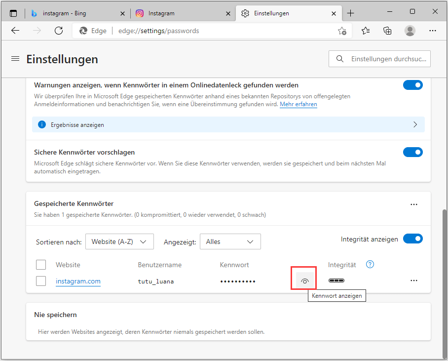 Gespeicherte Kennwörter anzeigen