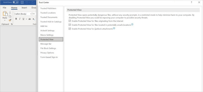 Auf Trust Center-Einstellungen klicken