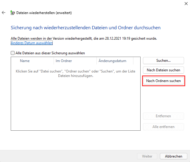 Wählen Sie die Sicherung zum Wiederherstellen aus.