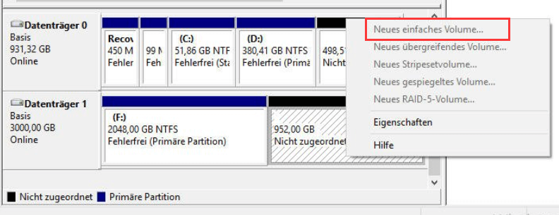 Neues einfaches Volumen wählen