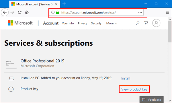 Office 2019 Produktschlüssel via Microsoft Account finden
