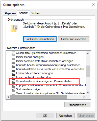 Ordnerfenster in einem eigenen Prozess starten aktivieren