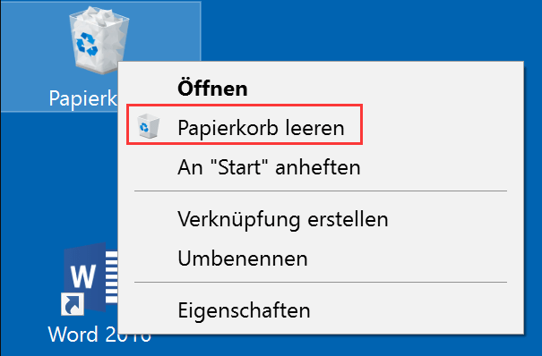 Papierkorb unter Windows 10 auf dem Desktop leeren