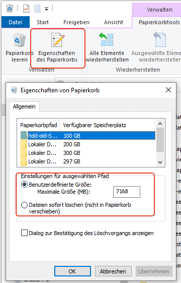 Die Papierkorb-Einstellungen manuell konfigurieren