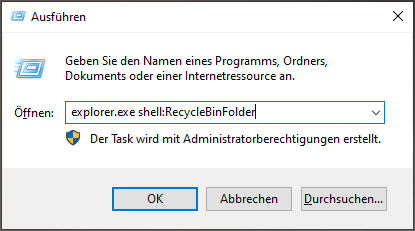 Suchen Sie den Papierkorb im Befehl „Ausführen“.