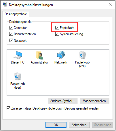 Papierkorb auf dem Desktop finden