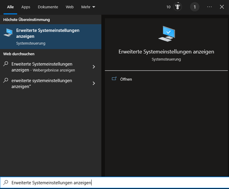 Wählen Sie die Option Erweiterte Systemeinstellungen anzeigen, um die virtuelle Partition zu entfernen