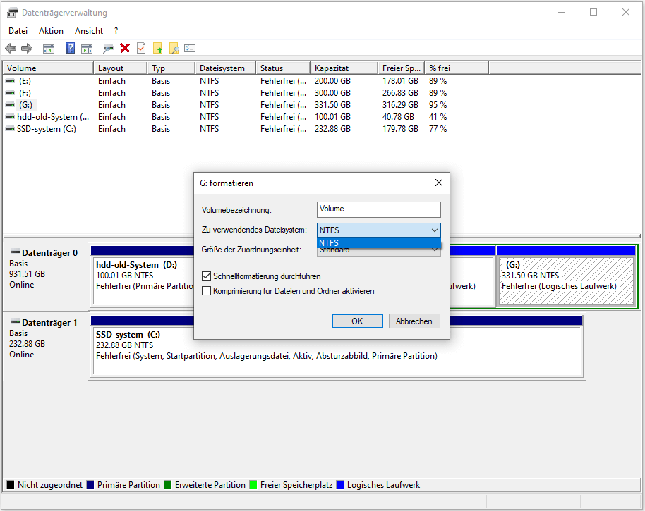 Formt USB in der Datenträgerverwaltung