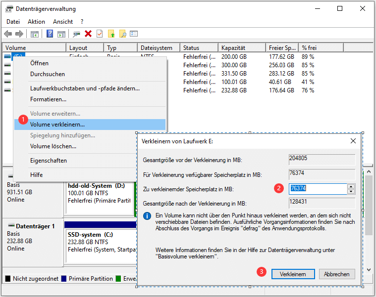 Volume mit Windows Datenträgerverwaltung verkleinern