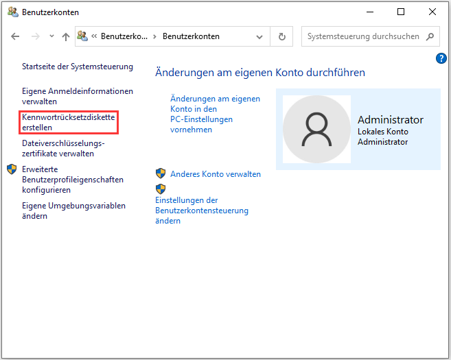 Kennwortrücksetzdiskette erstellen