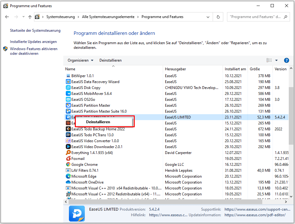Neu installierte Programme entfernen